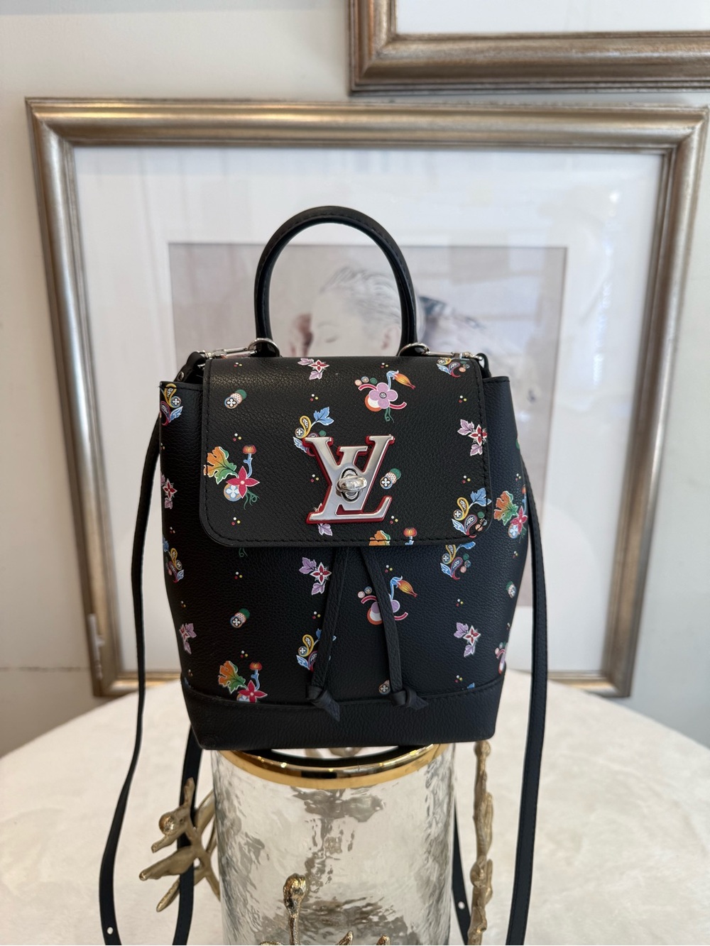 Louis Vuitton Black Floral Leather Mini Backpack with Multicolor Accents